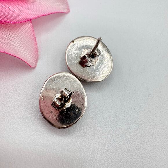 Mother Of Pearl MOP Oval Cabochon Silver Bezel Stud Earrings Southwestern Tribal - Picture 9 of 16